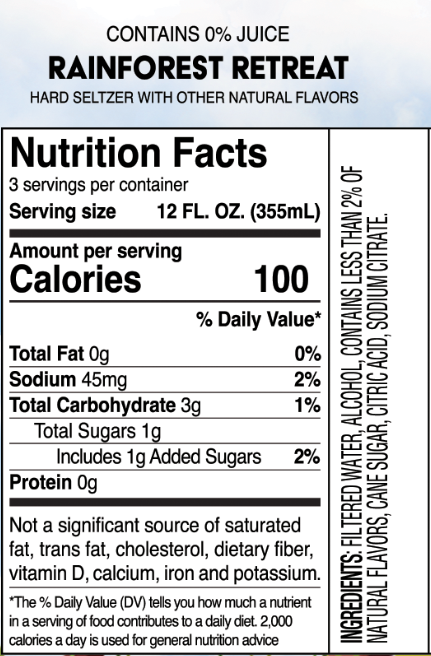 Truly Rainforest Retreat Nutritional Label