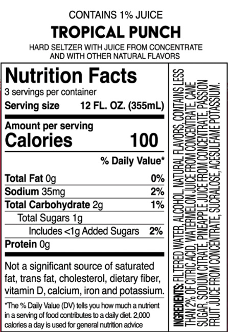 Truly Tropical Punch Nutritional Label
