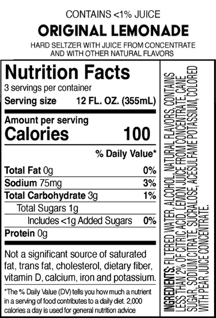 Truly Lemonade Original Nutritional Label